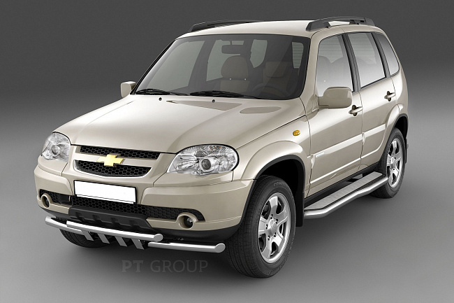Защита порогов Chevrolet Niva с алюм.фигурной накладкой 63мм (НПС)(2009-) РТ LNV220304