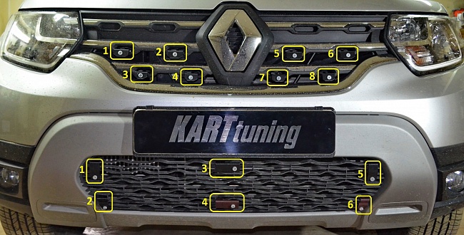 Комплект заглушек (заглушка №1 (верх) + заглушка №2Т (низ/с «окном») "KART" для Renault Duster 2 (с 2021г.в)