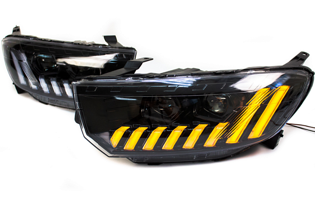 Фары Lada Granta FL в стиле Audi Q8 с двумя БИ-LED линзами, динамическим розжигом ДХО и поворотниками 